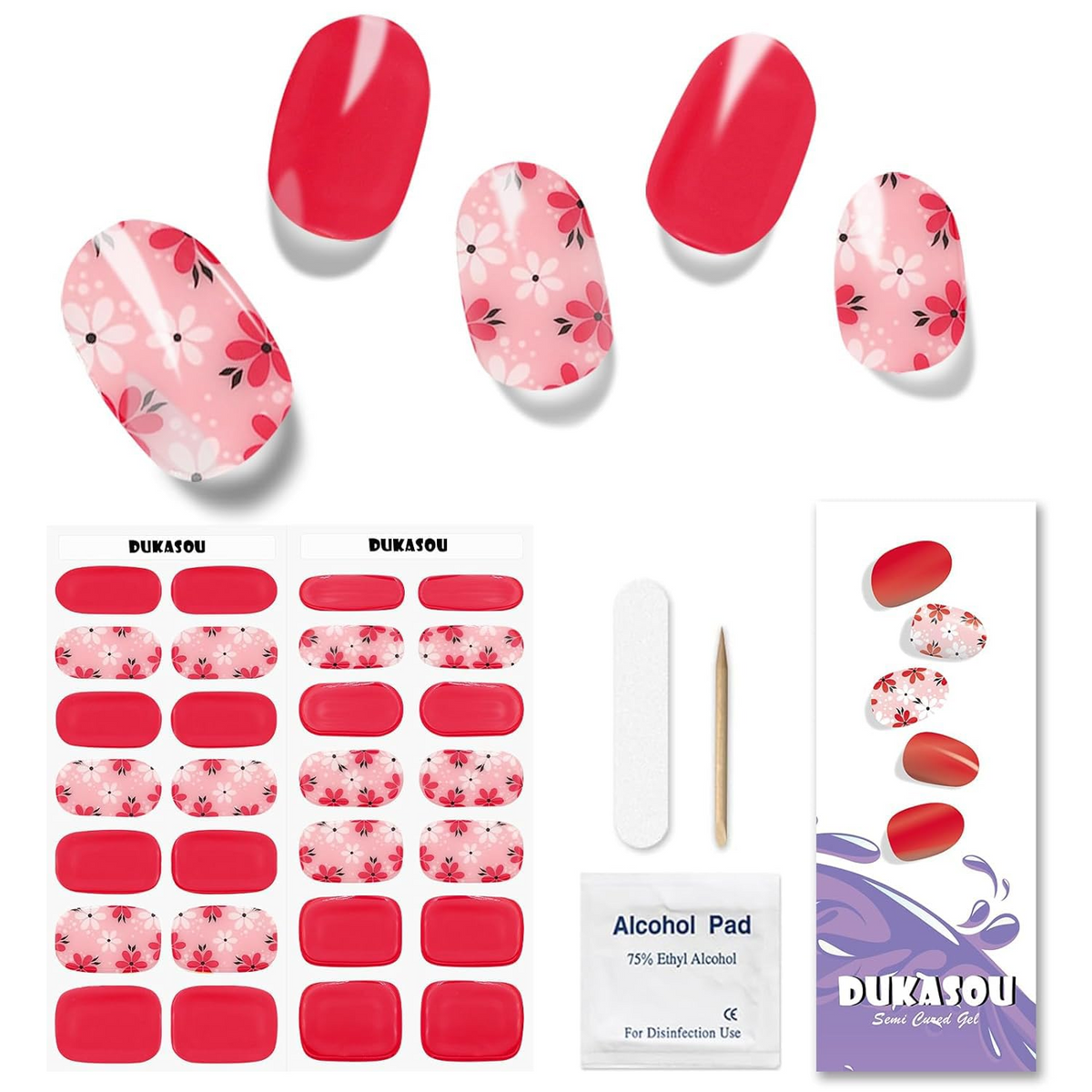 DUKASOU Gel Nail Stickers -red cherry blossom