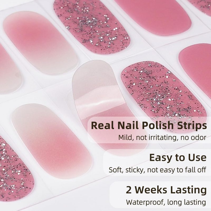 DUKASOU Gel Nail Strips -	Pink Silver Glitter